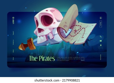 Piratas caricatura página de aterrizaje con calavera, sable y mapa del tesoro sobre fondo oscuro con océano y rocas. Juego de aventura de Filibusters, fiesta corsair o invitación de misión, ilustración vectorial, banner web