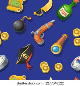 Pirates cartoon seamless pattern. Adventure, treasure, pirates, bomb and rum, spyglass, compass, gun background
