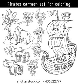 Pirates Cartoon set for coloring. Ship, Palm, Island, Chest. Vector illustration.