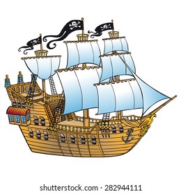 Pirates cartoon ship with cannon; RGB EPS 10 vector illustration