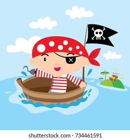 pirates cartoon with ship and treasure in the island