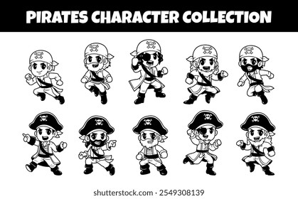 Pirates character outline vector illustration set