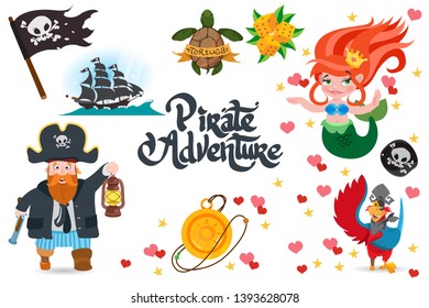 Pirates characters and attributes. Cartoon style.