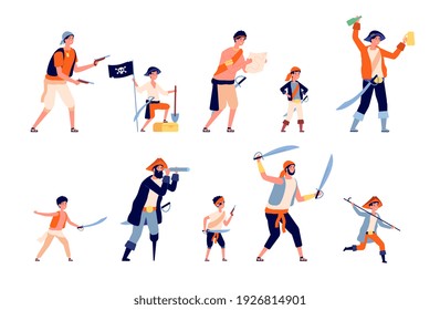 Pirates characters. Cartoon pirate, marine robber men and boys. Ocean traveller characters, childish person with treasure and map utter vector set