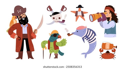 Pirates characters set. Vector isolated captain and boy buccaneers, one legged parrot and dolphin with pipe, starfish in hat and crab with rum, skull with swords. Cute personages in sailor costumes