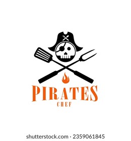 Pirates Chef , The pirate with spatula and meat fork logo design idea for restaurant, bar, barbeque,