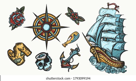 Pirates color elements. Tattoo vector collection. Old ship in storm,  compass, anchor, rum, treasure island map, swallows. Sea adventure graphics set 