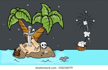 Pirates Coming to an Island - Vector Cartoon Illustration