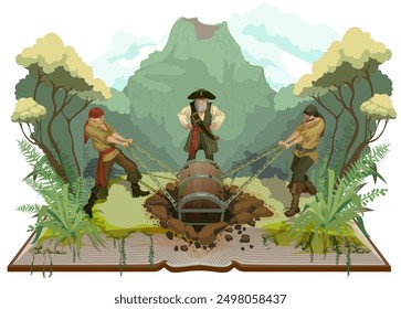 Pirates dig treasure chest island treasure open book illustration. Vector cartoon reading adventure