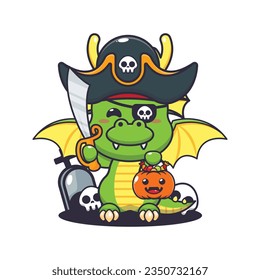 Pirates dragon in halloween day. Cute halloween cartoon illustration. 