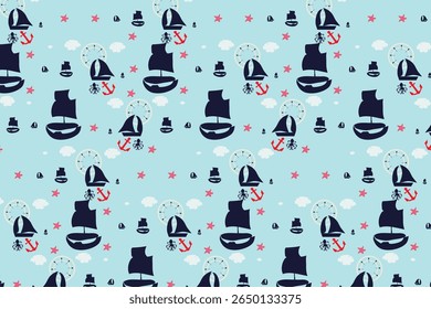 Piratas cena Dreamy com peixe estrela flutuante, krakens com textura de água padrão sem costura para crianças projetos de vela, papel de parede, tecido, embalagem