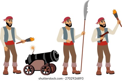 Piratas.  Un anciano pirata se encuentra en diferentes poses. Aventura pirata. Aislado