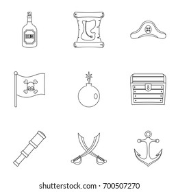 Pirates element icon set. Outline set of 9 pirates element vector icons for web isolated on white background