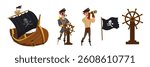 Pirates elements set for kids party. Pirate ship with black skull flag, two pirates in hats and coats, one steering the wooden wheel and another using telescope. Cartoon vector illustrations.