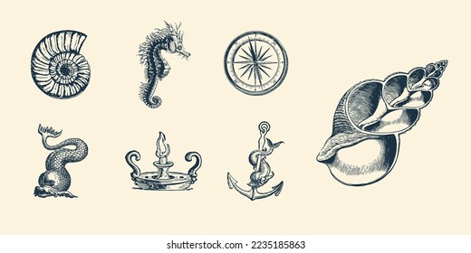 Pirates elements. Tattoo collection. Seahorse,  compass, anchor and etc. Sea adventure set