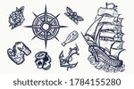 Pirates elements. Tattoo collection. Ship in storm,  compass, anchor, rum, treasure island map, swallows. Sea adventure set 