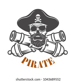 Pirates. Emblem template with cannons and pirate skull. Design element for logo, label, emblem, sign. Vector illustration