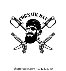 pirates. Emblem template with swords and pirate head. Design element for logo, label, emblem, sign. Vector illustration