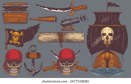 Pirates equipment set hand drawn doodle vintage drawing in colorful style. Pirates equipment concept vector illustration.