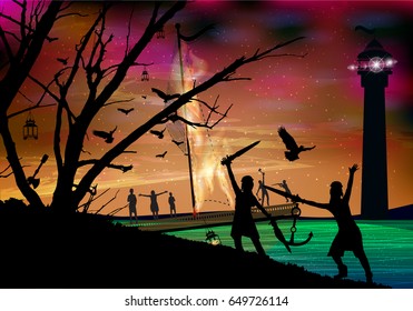 Pirates and a fight against the lighthouse background. The ship is on fire. Evacuation. Green water of the ocean. Illustration for your design