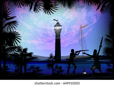 Pirates and a fight against the lighthouse background. Swords and firearms. Illustration for your design