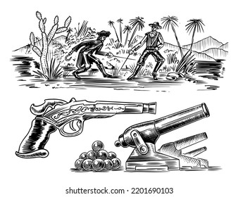 Pirates fight with swords against the backdrop of a tropical landscape. Revolver and cannon. Engraved hand drawn, vintage sketch for tattoo or print on t-shirt.
