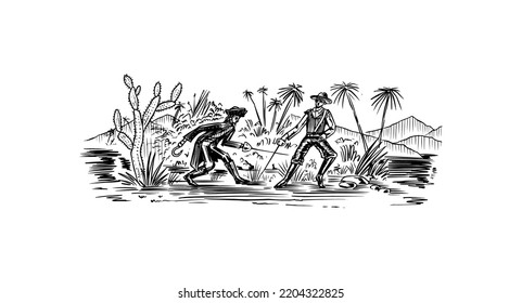 Pirates fight with swords against the backdrop of a tropical landscape. Engraved hand drawn, vintage sketch for tattoo or print on t-shirt.