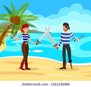Pirates Fighting Each other Vector Illustration. Guy and Lady in Striped T shirts Cartoon Characters. Flibustier in Eyepatch and Female Corsair Holding Swords. Friendly Duel on Tropic Beach