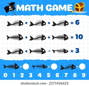 Piratas, hueso de pescado o esqueletos de hueso de pescado hoja de cálculo. El acertijo de las matemáticas vectoriales para la educación infantil y el aprendizaje de ecuaciones aritméticas. Desarrollo de habilidades de cálculo, tarea de rompecabezas para niños