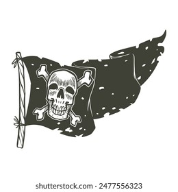 Pirates flag hand drawn doodle vintage drawing in black white style. Pirates equipment concept vector illustration.