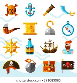 Pirates flat color icons set with wooden chest of gold anchor binoculars compass helm and black flag with red skull isolated vector illustration 
