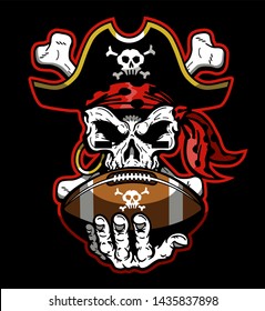 pirates football team design with mascot skull holding ball for school, college or league