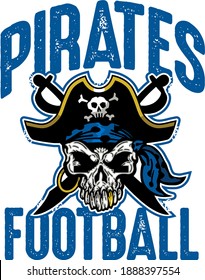 pirates football team design with mascot skull and crossed swords for school, college or league