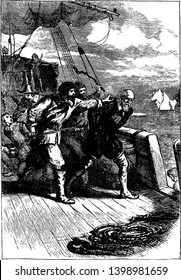 Pirates forcing a man off a ship, vintage line drawing or engraving illustration