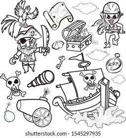 Pirates and friends and accessory for decorations theme party vector