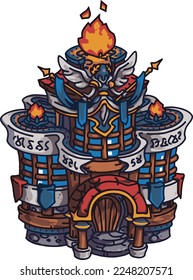 pirates game buildings. Stone walls. Sword on the wall, potions, books. High quality background for advertising.
