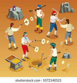 Pirates game isometric composition with men during fight on sand background with bullet holes vector illustration