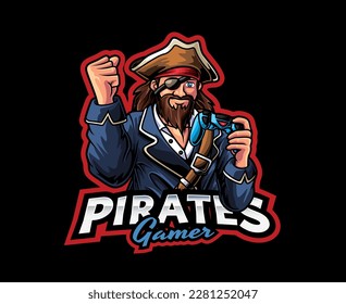 Pirates Gamer Mascot Logo Design. Vector illustration of pirate with joystick in his hand, Perfect for brands or products related to the world of gaming