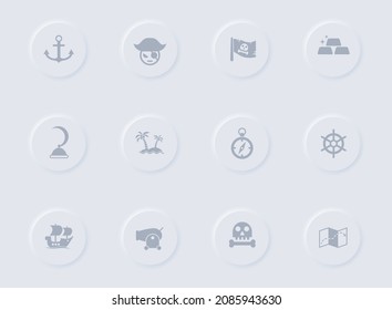 pirates gray vector icons on round rubber buttons. pirates icon set for web, mobile apps, ui design and promo business polygraphy