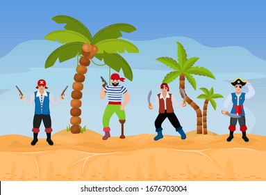 Pirates group in desert vector illustration. Funny happy people team in costumes of pirates armed with knives and pistols. Young men, teenagers or children in suits. Sand, palm trees.