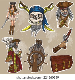 Pirates - An hand drawn colored vector pack no.1. Description: Vector is editable in several layers and group of objects. Background and spots are isolated.