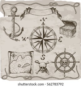 Pirates hand drawn vector set. Hand drawn isolated pirate attributes: compass, map, skull, anchor, chest, wheel, ropes, text box.