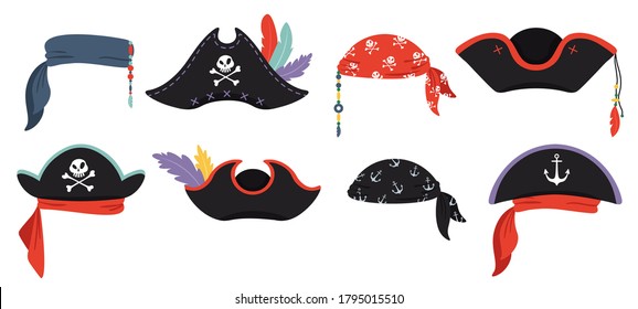 Pirates hats. Sea piracy cap fashion, buccaneer headgear, headdress accessory to party with roger, vector illustration svg