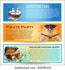Piratas banderas horizontales ambientadas con ladrones de mar de parque de aventura tesoros de caza misiones aisladas vectoriales