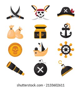 Colección de iconos Pirates. Vector de temática pirata con el pecho de oro, brújula, mapa, vela, atacando equipos de robo