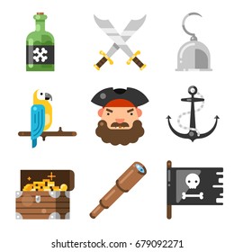 Pirates icon set. Adventure game with of hidden treasures, captain's hat, hook kid decoration. Vector flat style illustration isolated on white background