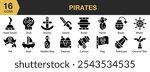 Pirates icon set. Includes anchor, barrel, boat, bomb, cannon, flag, hat, and More. Solid icons vector collection.
