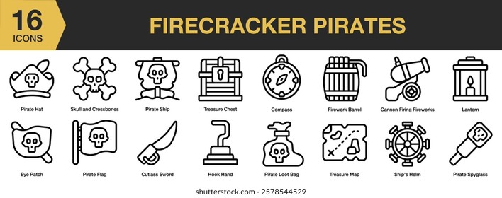 Pirates icon set. Includes pirate, sea, adventure, ship, boat, treasure, and More. Outline icons vector collection.