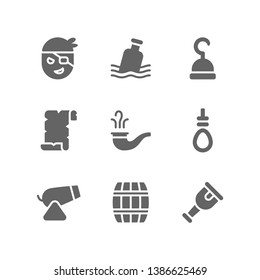 Pirates icon set including sailor, captain, bottle, hook, quest, scroll, pipe, smoke, rope, cannon, rum, barrel, wooden leg