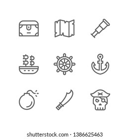 Pirates icon set including treasure chest, map, spyglass, ship, helm, anchor, bomb, sword, skull, jolly roger
